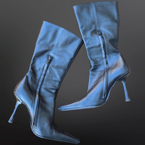 Y2K Aldo Black Leather Boots Pointed Toe Heels Size 37 US 6.5 Snap Buttons - Picture 4 of 10